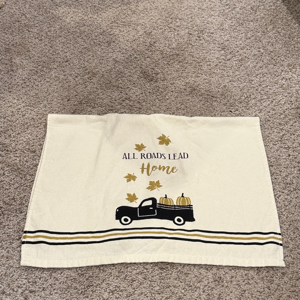 Fall Themed Kitchen Towel with Truck and Pumpkin Design